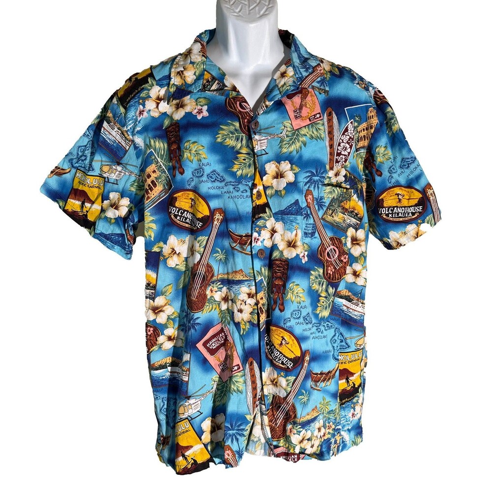 High Surf Men's Short Sleeve Button Down Hawaiian Shirt Blue Floral Ukulele XL
